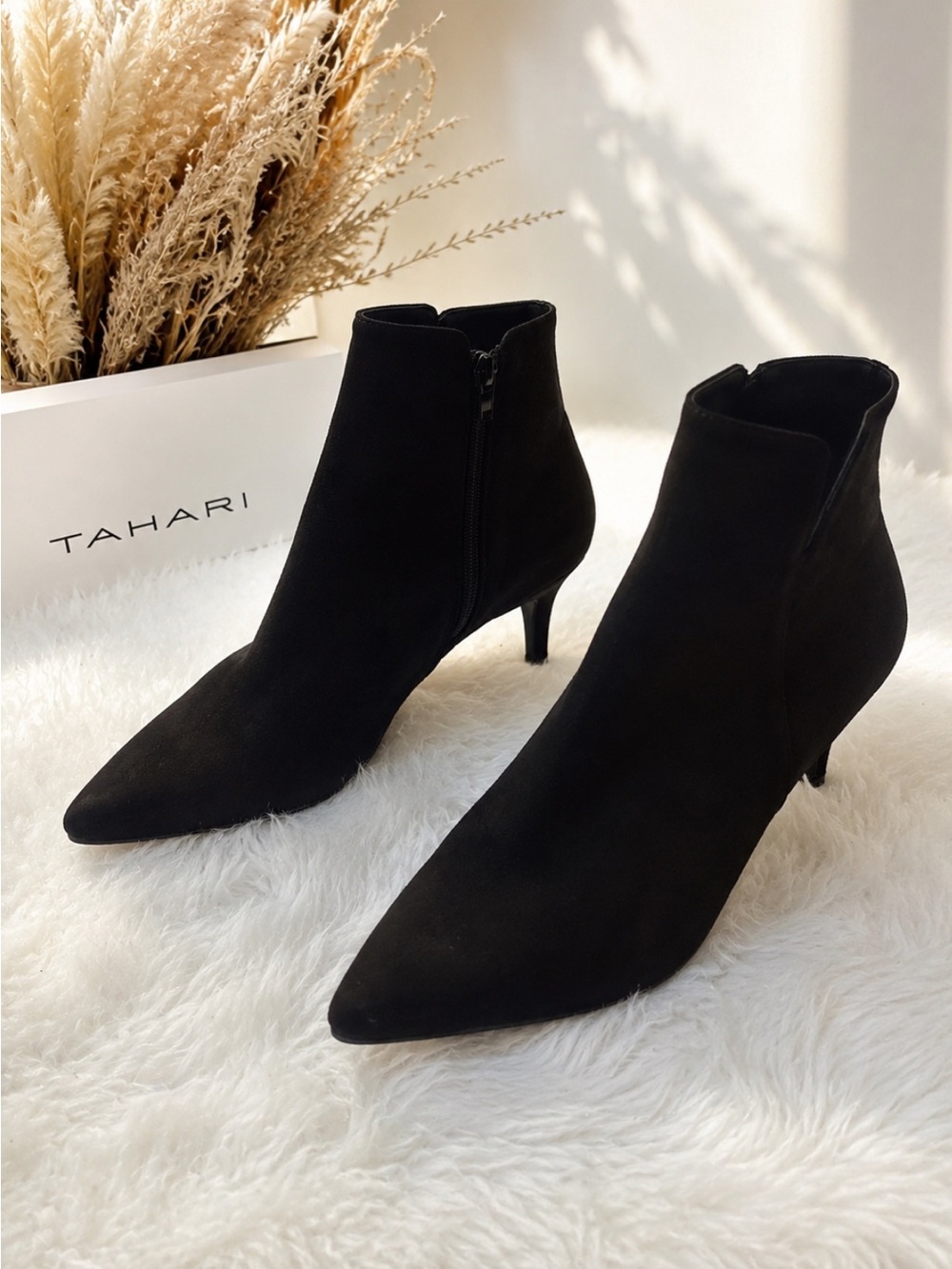 Tahari Black Pointed Toe Suede Ankle Booties